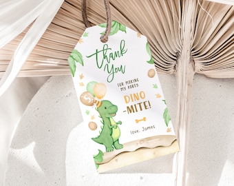 Dino-mite kids birthday favor gift tags decor, dinosaur boy thank you tag template, guests boy birthday green thank you gift tag labels-C269