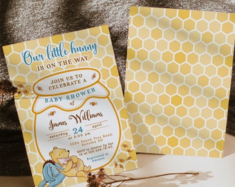 Winnie hunny baby shower invitation template, classic winnie the pooh baby shower invitation customizable, little hunny is on the way - C277