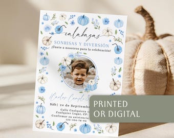 Boy Third Birthday Fall Spanish Photo Invitation Template: Blue Pumpkin Calabazas Kids Invite Card - C803-b
