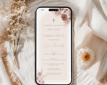Neutral beige baptism invitation template, invitación de bautizo digital, minimalist boho electronic invite in spanish - C26
