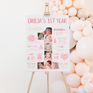 First birthday poster with photos pink sweet girl editable, baby 1st year photo collage poster, 1st year milestone poster photo board decor