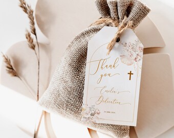 Pampas grass baptism favor tag template, religious favor tag, boho dedication favor gift tags, beige pampas grass thank you label - C018