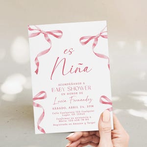 Es niña invitacion para baby shower printable, pink ribbon spanish baby shower invitation, coquette spanish girl baby shower invite - C701