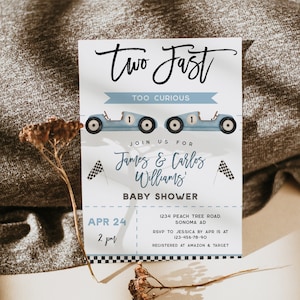 Vintage sports car baby shower invitation printable, boy race car baby shower invitation, blue retro car boy baby shower invitation - C274