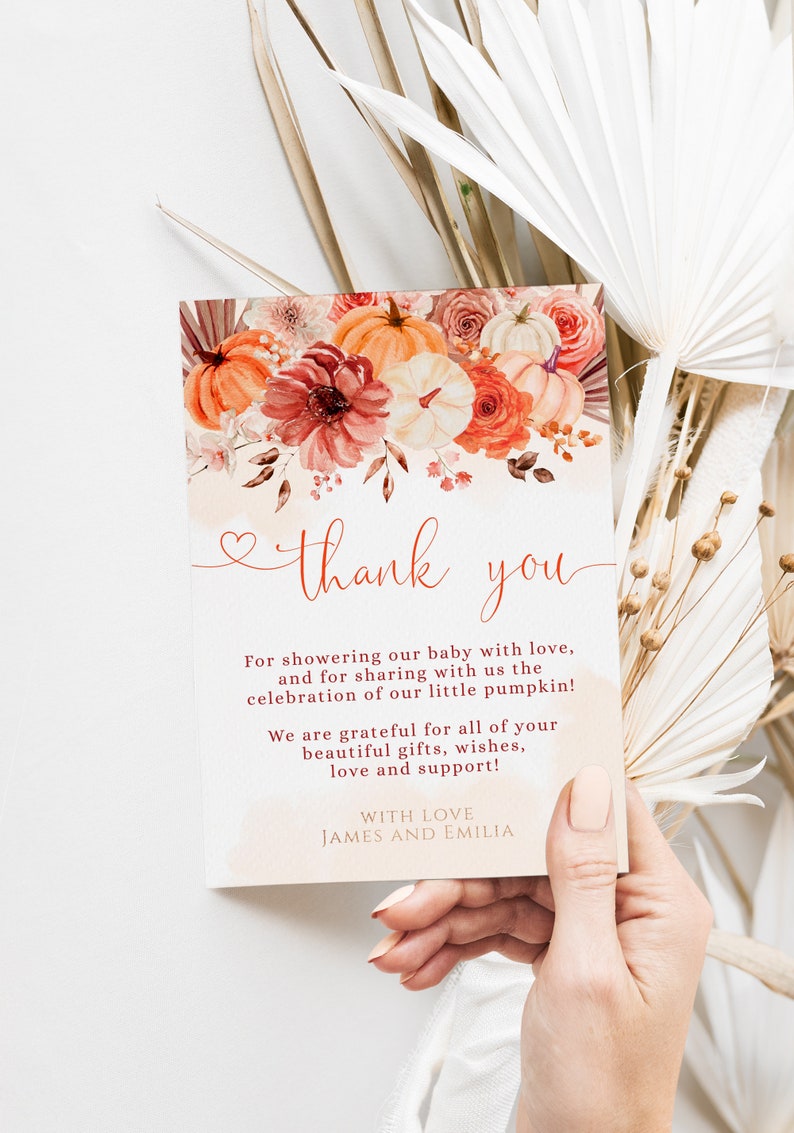 Fall Baby Shower Thank You Note, Pumpkin Floral Thank You Card Baby