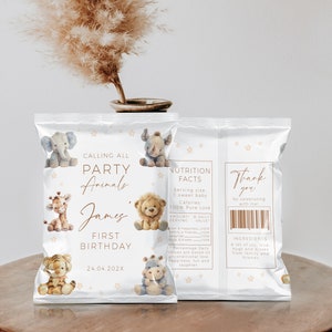 Wild one  birthday snacks treat bags printable, jungle animals first bday chip bag label, safari 1st birthday party chip bag decor - C565