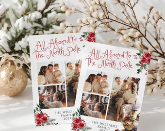 May include: Two white Christmas cards with family photos and the text "All Aboard to The North Pole." The cards have red floral and green leaf accents. The bottom of the cards read "The Williams Family 202X."