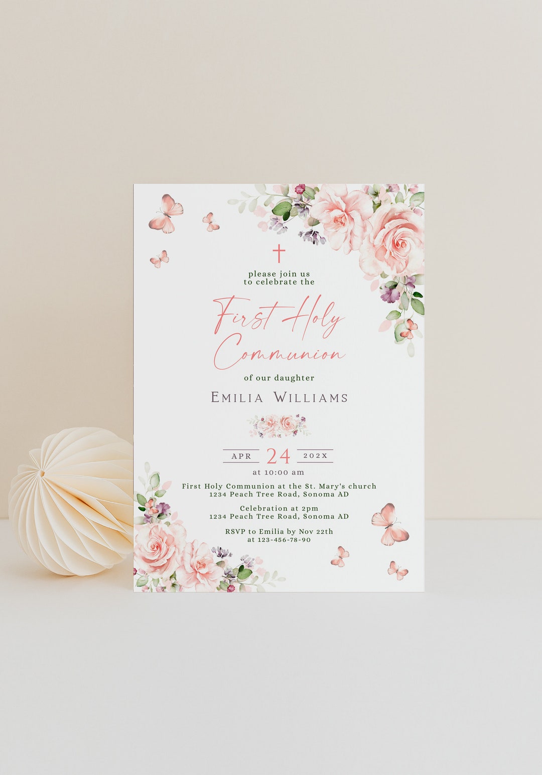 Pink Floral First Holy Communion Invitation Template, Pink Watercolor ...