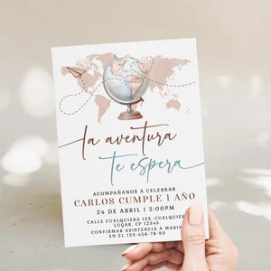 La aventura te espera primer cumpleaños invitación, world travel spanish birthday invite printable, globe birthday invite in spanish - C690