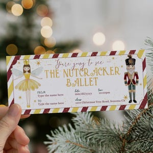 Nutcracker ballet gift ticket editable, yellow ballerina ballet voucher, ballerina nutcracker event ticket, nutcracker ballet theatre ticket