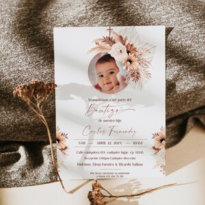 Boy baptism invitation in spanish boho floral, invitaciones de bautizo nino, invitacion bautizo en espanol, invitacion para niño - C164