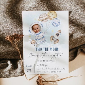 Two the moon birthday party invitation with photo printable, photo astronaut blue birthday invite, galaxy b-day party card with photo - C251