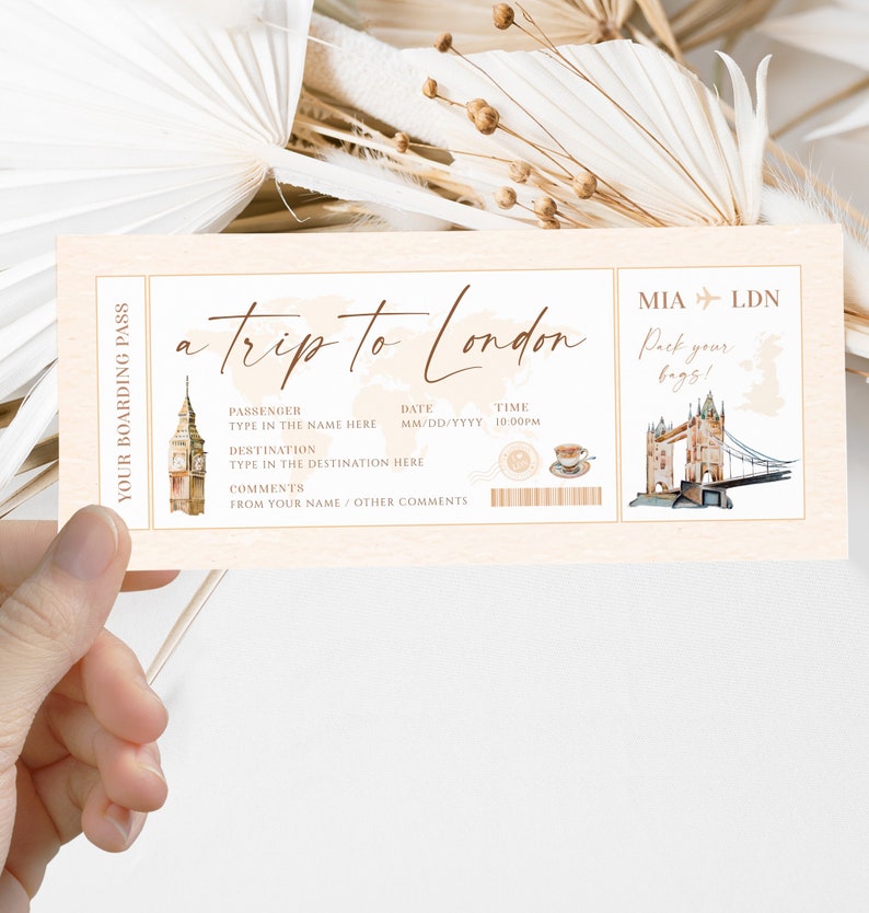 London surprise boarding pass, London gift boarding pass, vacation ticket printable airline, flight surprise trip ticket travel to London image 4