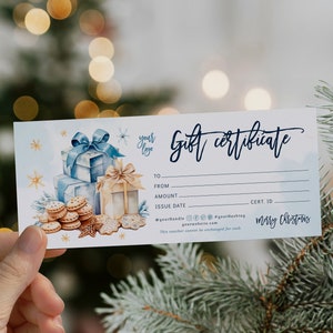 Merry christmas gift certificate template, modern blue gold gift certificate decor, holiday coupon gift card, watercolor gift voucher