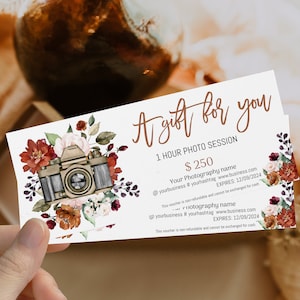 Modern gift certificate template photography, printable marketing gift certificate photography, client gifts from photographer editable card