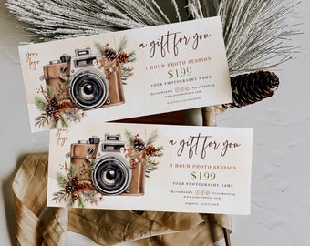 Printable Christmas photography gift certificate, photography gift voucher, winter photo session voucher card, photo camera gift card decor