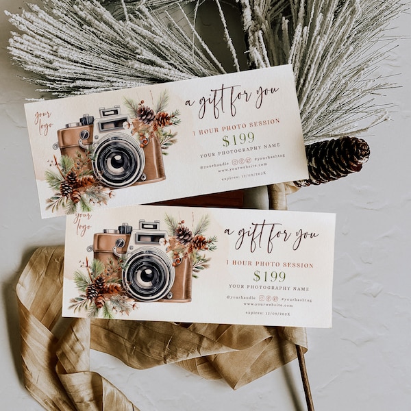 Printable Christmas photography gift certificate, photography gift voucher, winter photo session voucher card, photo camera gift card decor