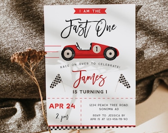 Fast one red racing car birthday invitation editable, modern race car birthday party invite printable, boy 1st birthday invite decor - C301