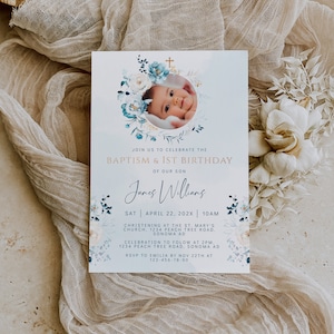Floral blue baptism and 1st birthday invitation printable, baptism and 1st birthday invitation with photo, baptism 1st birthday invite -C163