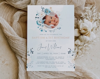 Floral blue baptism and 1st birthday invitation printable, baptism and 1st birthday invitation with photo, baptism 1st birthday invite -C163