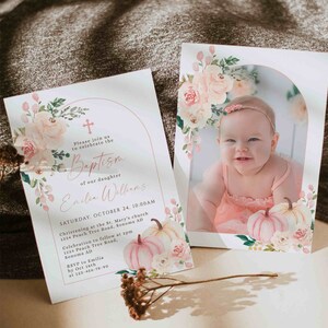 Boho pink pumpkin religious invitation with photo for a little girl printable, arch floral baptism invitation with photo fall decor - C326