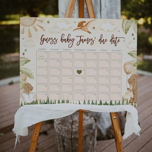 Dinosaur baby shower due date calendar printable, dino guess baby birthday calendar game, green and beige guess baby's due date poster -C478