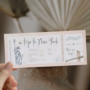 New York birthday gift boarding pass, printable airline ticket template, surprise trip ticket travel New York, boarding pass gift voucher