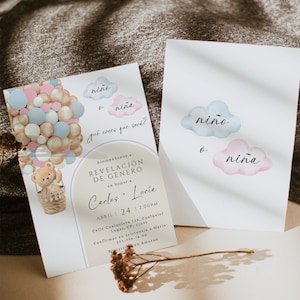 Invitación de revelación de género en español con osito printable, boho niño niña baby shower gender reveal invitación español decor - C429
