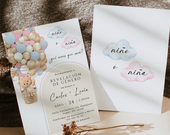 Invitación de revelación de género en español con osito printable, boho niño niña baby shower gender reveal invitación español decor - C429