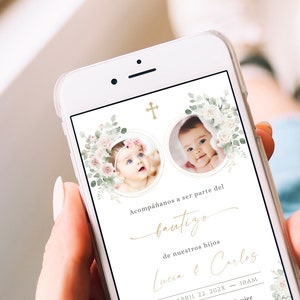 Invitacion de bautizo twins template, electronic baptism invitation twins girl and boy with photo, text message baptism evite - C181