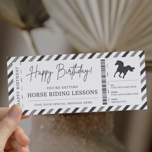 Horse riding lessons birthday gift voucher printable, birthday gift experience, horse riding certificate, gift ticket for horseback riding