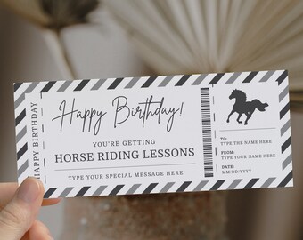 May include: A black and white striped gift certificate with the text "Happy Birthday!" and "You're getting horse riding lessons". The certificate has a silhouette of a horse and space to write the recipient's name, the giver's name, and the date.
