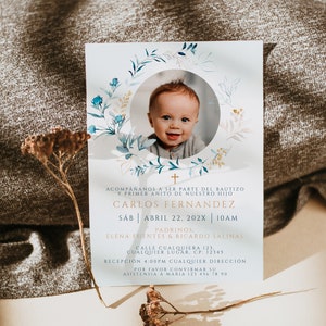 Boy baptism blue invitation in spanish with photo, invitacion para niño, invitaciones de bautizo nino, invitacion bautizo en espanol - C208