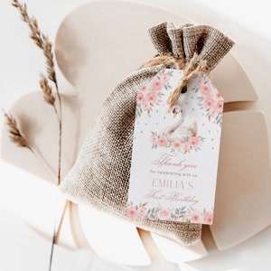 Princess swan girl birthday thank you tag, editable swan floral boho b-day thank you tag, modern birthday favors blush pink gift tag - C510