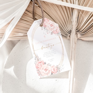 Religious bohemian pink thank you tags in spanish, floral gold watercolor baptism favor tag printable, gold bautizo nina gracias tags - C099