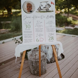 Golfing first birthday milestone with photo printable, golf sport birthday milestone poster, boy golf 1st birthday milestone poster - C649