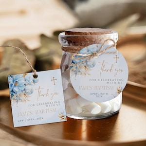 Editable blue garden floral baptism favor tag, blue flower gender neutral thank you gift tags, blue gold cross baptism thank you tag - C334