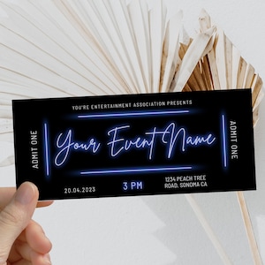 Blue neon light event ticket template editable, birthday concert ticket surprise, neon glow party ticket, printable present coupon gift blue