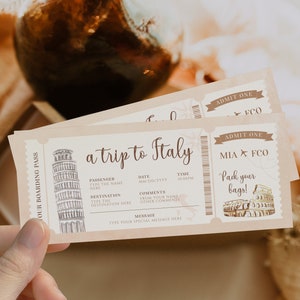 Editable Italy surprise boarding pass gift voucher, vacation ticket printable airline, flight surprise trip ticket travel to Italy fake pass