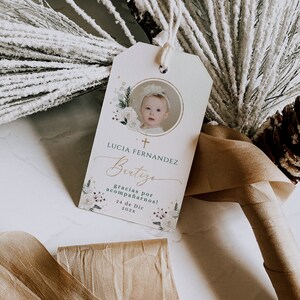 Flores blancas con foto gracias tags bautizo en espanol, green floral winter holiday baptism gift tag with photo in spanish printable - C307