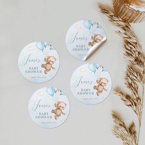 We can bearly wait sticker baby shower decor, blue baby shower tickers printable, bear balloons baby shower candy bar sticker for a boy-C424