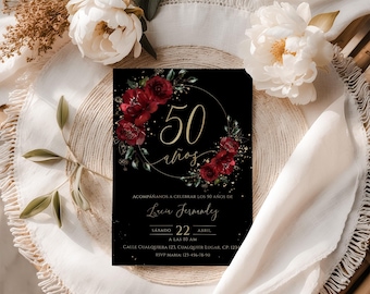 Spanish 50th birthday invitation printable, all ages adult birthday invitation, invitación de 50 años mujer, 50 Años Cumpleaños Adulto Mujer