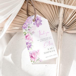 Lilac flowers girl baby shower favor tag printable, purple pink floral baby shower thank you tags, violet floral baby shower gift tag - C547