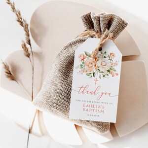Flowers first communion thank you tag printable, elegant floral baptism thank you tags, decoration baptism rectangular favor gift tags -C451