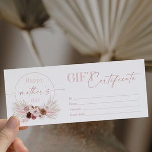 Floral mother's day gift voucher card printable, happy mother's day gift certificate ticket, boho pampas grass mother's day voucher ticket