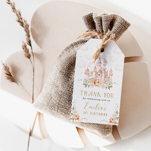 Castle floral girls birthday party favor gift tags editable, modern watercolor castle thank you favor tags, princess party favor tag - C511