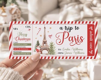 Christmas Holiday Paris Trip Gift Ticket Printable: Winter Eiffel Tower Vacation Boarding Pass