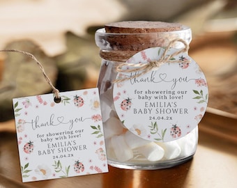 Red little lady bug baby shower thank you tag template, love bug floral baby shower favor tag, watercolor floral baby shower gift tags -C773