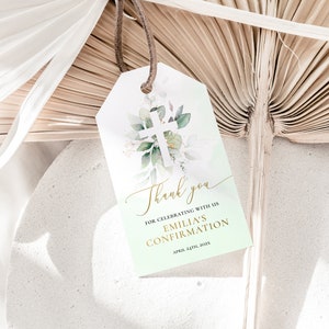 Boy girl cross baptism thank you tag, greenery confirmation favor gift tags printable, gender neutral baptism confirmation favor tags - C015