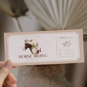 Horse riding lessons birthday gift voucher, boho birthday gift experience, horseback riding certificate, bohemian birthday horse gift ticket
